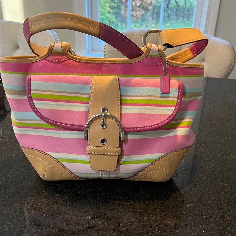 Coach Pink and Tan Striped Shoulder Bag